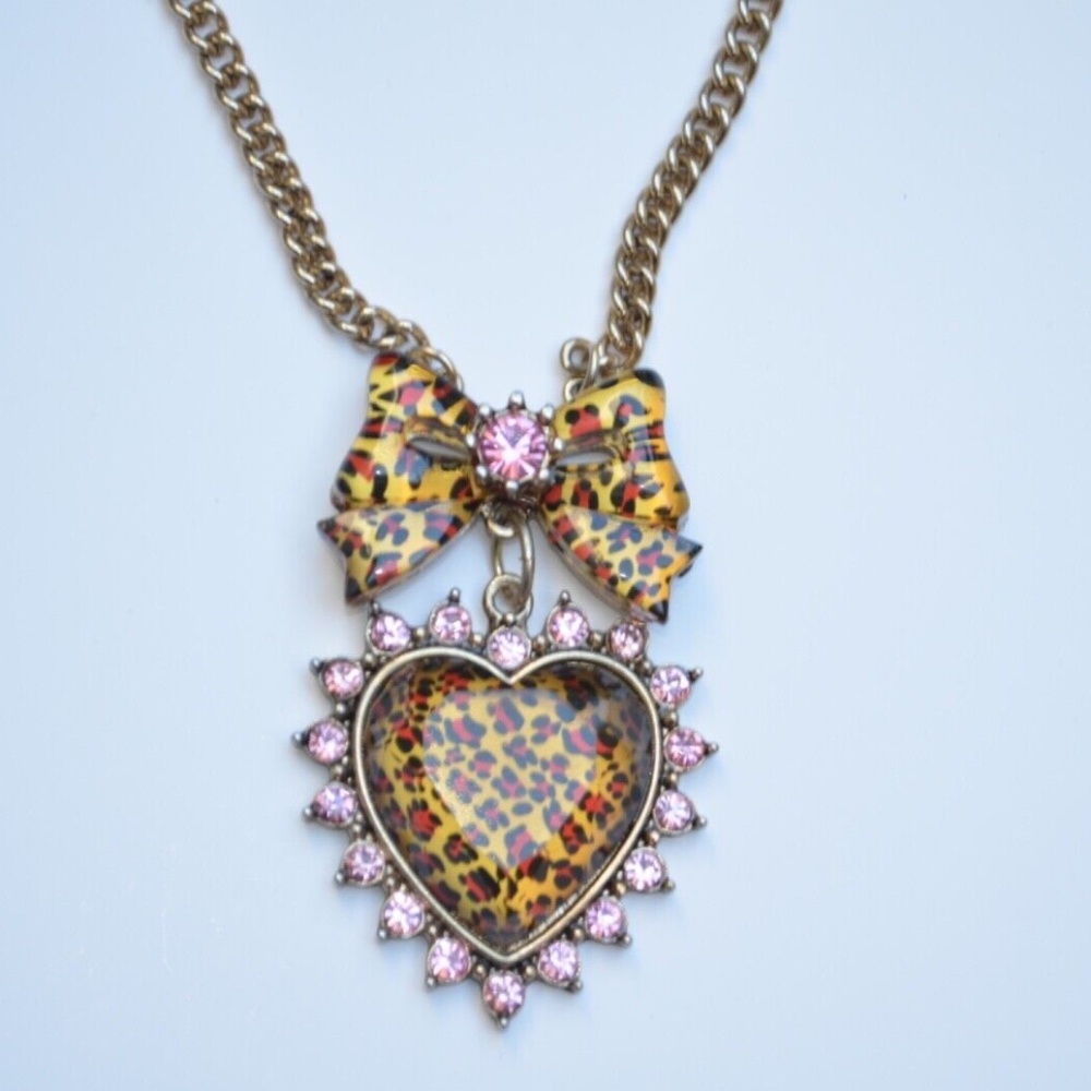 SOLD Betsey Johnson Leopard Print Bow And Heart Crystal Drop Lucite Necklace